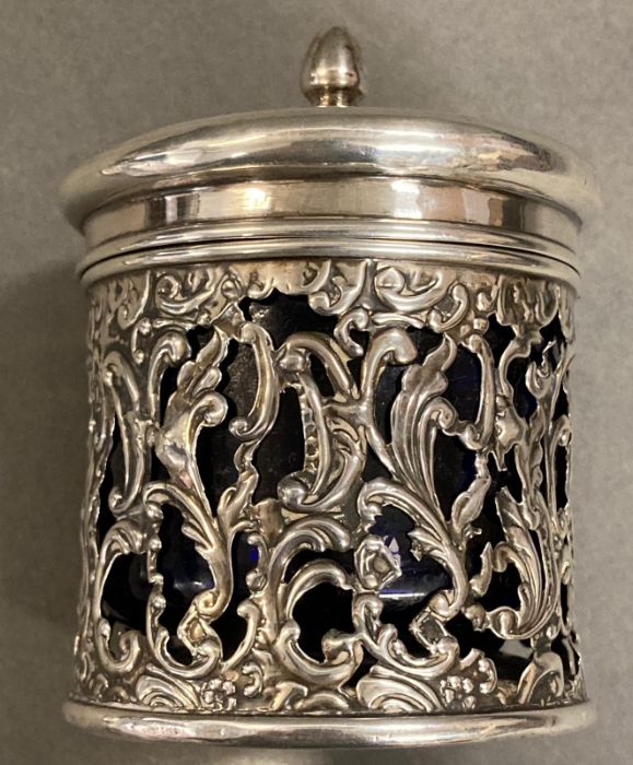 A silver lidded pot with pierced foliate design and blue glass liner by Levi & Salaman, hallmarked - Image 4 of 4