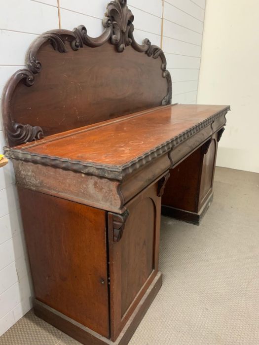 A mahogany pedestal sideboard, the raised back with scroll and foliage carving three drawers above - Image 2 of 9