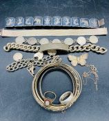 A selection of silver jewellery including a mesh style bracelet, bangles and a Gents identity
