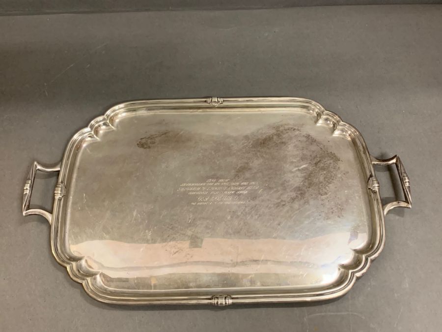 An Art Deco style silver tray, with a central inscription from 1955. Hallmarked for Sheffield 1951