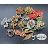 A selection of Vintage brooches, costume jewellery