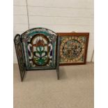 A framed tapestry screen and a lead glass fire screen a/f