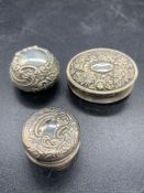 Three assorted decorative pill boxes or snuff boxes.