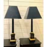 A pair of "And So To Bed" bedside lamps with gold details and black leather effect shades