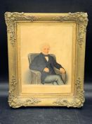 A gentleman on seat, gouache, framed (20cm x 15cm)