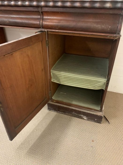 A mahogany pedestal sideboard, the raised back with scroll and foliage carving three drawers above - Image 8 of 9