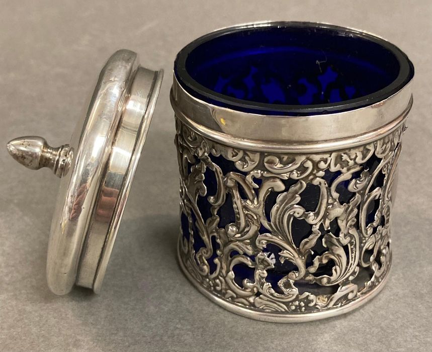 A silver lidded pot with pierced foliate design and blue glass liner by Levi & Salaman, hallmarked - Image 3 of 4