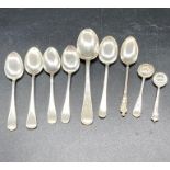 A selection of nine silver teaspoons, various makers and hallmarks