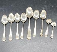 A selection of nine silver teaspoons, various makers and hallmarks