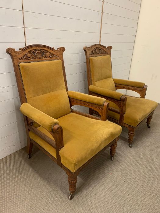 A Pair of open armchairs in gold velvet with carved backs. - Image 2 of 5