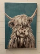 A canvas of a highland cow on turquoise background (70cm x 100cm)