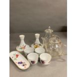 A selection of Evesham Royal Worcester china and two clear teapots