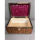 A Victorian walnut box, with broad parquetry bands to lid and front silk interior to lid