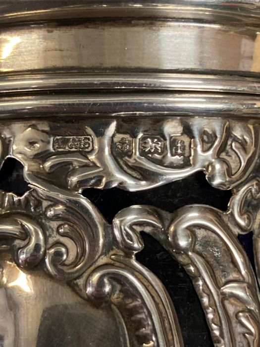 A silver lidded pot with pierced foliate design and blue glass liner by Levi & Salaman, hallmarked - Image 2 of 4