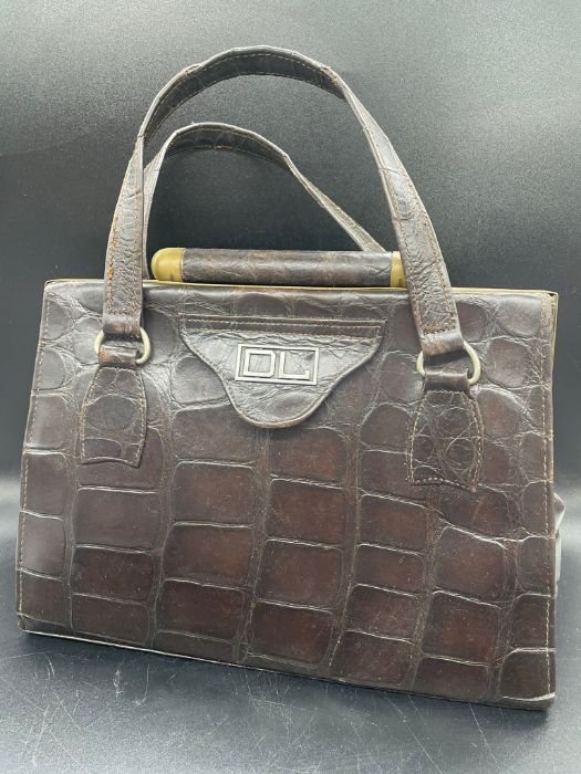 A Vintage crocodile handbag, with brass fittings and makers mark DL - Image 4 of 4