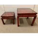 Two red oriental style square side tables (Largest H4+cm Sq50cm Smallest H34cm Sq37cm)