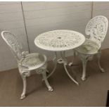 A white metal garden bistro set, table and two chairs (Table 68 cm D x H 67 cm)