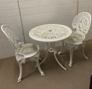 A white metal garden bistro set, table and two chairs (Table 68 cm D x H 67 cm)