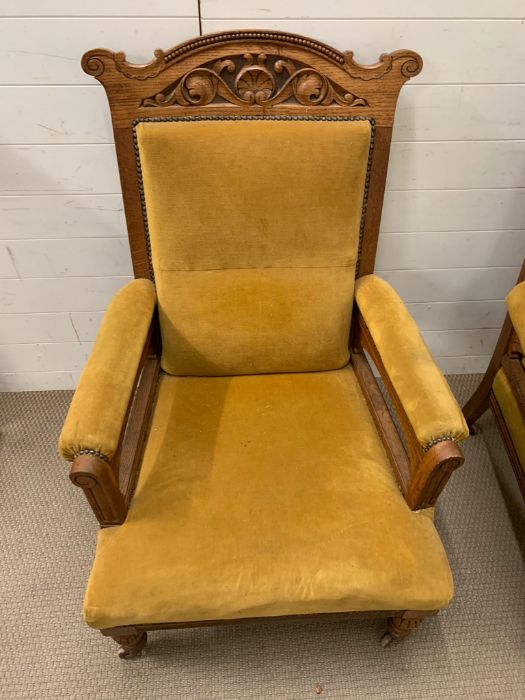 A Pair of open armchairs in gold velvet with carved backs. - Image 3 of 5