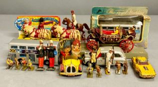 A selection of toy soldiers, boxed Matchbox bus, three unboxed vehicles and a Corgi comics Noddy's