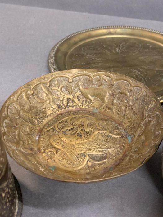 A selection of copper and brass including copper Persian dishes, a frog ashtray and white metal - Image 5 of 7