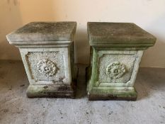 Two square plinth with rose decoration to sides (H43cm Sq32cm)