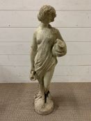A Garden stone statue of a lady carrying urns H 76 cm