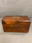 A walnut and brass bound dressing case, counter sink handles, velvet lined interior with