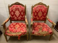 A pair of Louis XVI style salon chairs with leaf, carved moulded edge