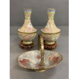 A pair of enamelled yellow vases on stand along with enamelled swing basket