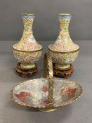 A pair of enamelled yellow vases on stand along with enamelled swing basket