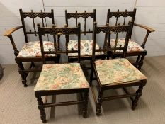 Five dining chairs, turned legs, spindled back, two carvers