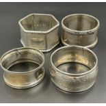 Four assorted silver napkin rings, various makers and hallmarks (Total weight 115g)