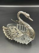 A glass and silver swan, marked 925 with London import marks.