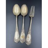 Two silver spoons and a fork Marked 800 and total weight 184g
