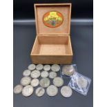 A silver crown, and other pre-1947 British silver coins in wooden cigar box