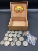A silver crown, and other pre-1947 British silver coins in wooden cigar box
