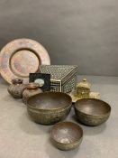 A selection of copper and brass items and an inlay box