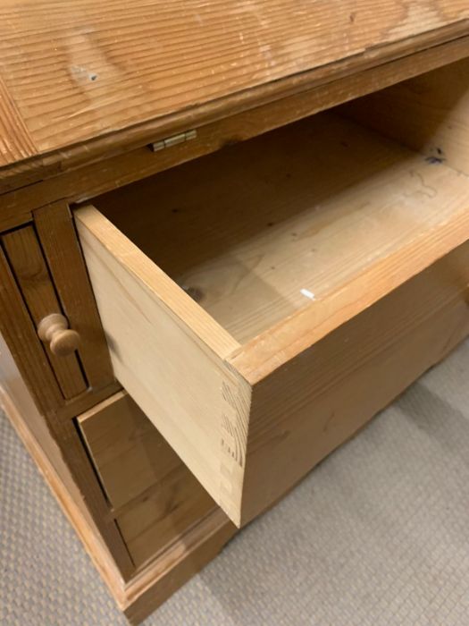 A pine bureau fall opening to an arrangement of drawers, pigeon holes (H107cm W110cm D44cm) - Image 3 of 4
