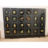 Six lacquered panels screen with hardstone inlay of animals and objects (H184cm W41cm each panel)