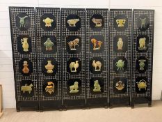 Six lacquered panels screen with hardstone inlay of animals and objects (H184cm W41cm each panel)