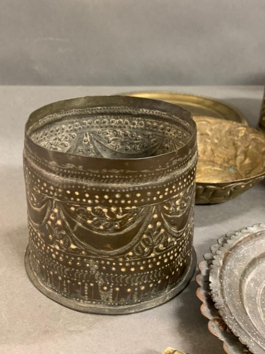 A selection of copper and brass including copper Persian dishes, a frog ashtray and white metal - Image 7 of 7