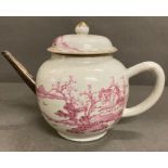 Circa 1750 Chinese teapot and cover, decorated in puce on the white ground with a lake, building and