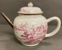 Circa 1750 Chinese teapot and cover, decorated in puce on the white ground with a lake, building and
