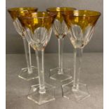 Amber Overlaid &Facet Cut Hock Glasses (4) Possibly Moser 20.5 cms Mid 20th century.