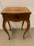 A Louis XVI style work table gilt mounted cartouche shape on cabriole legs (H73cm W46cm D36cm)