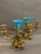 A pair of 19th Century two branch ormolu candelabra/epergnes. the branches rococo scroll foliate