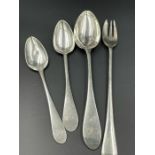 Three silver spoons and a fork, various makers and hallmarks to include Georgian.