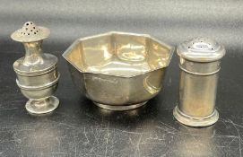 A hallmarked small silver bowl and two cruets