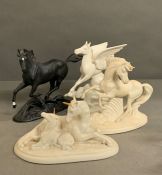 Three David Cornell porcelain horses and one by Pamela Du Boulay of Franklin Mint
